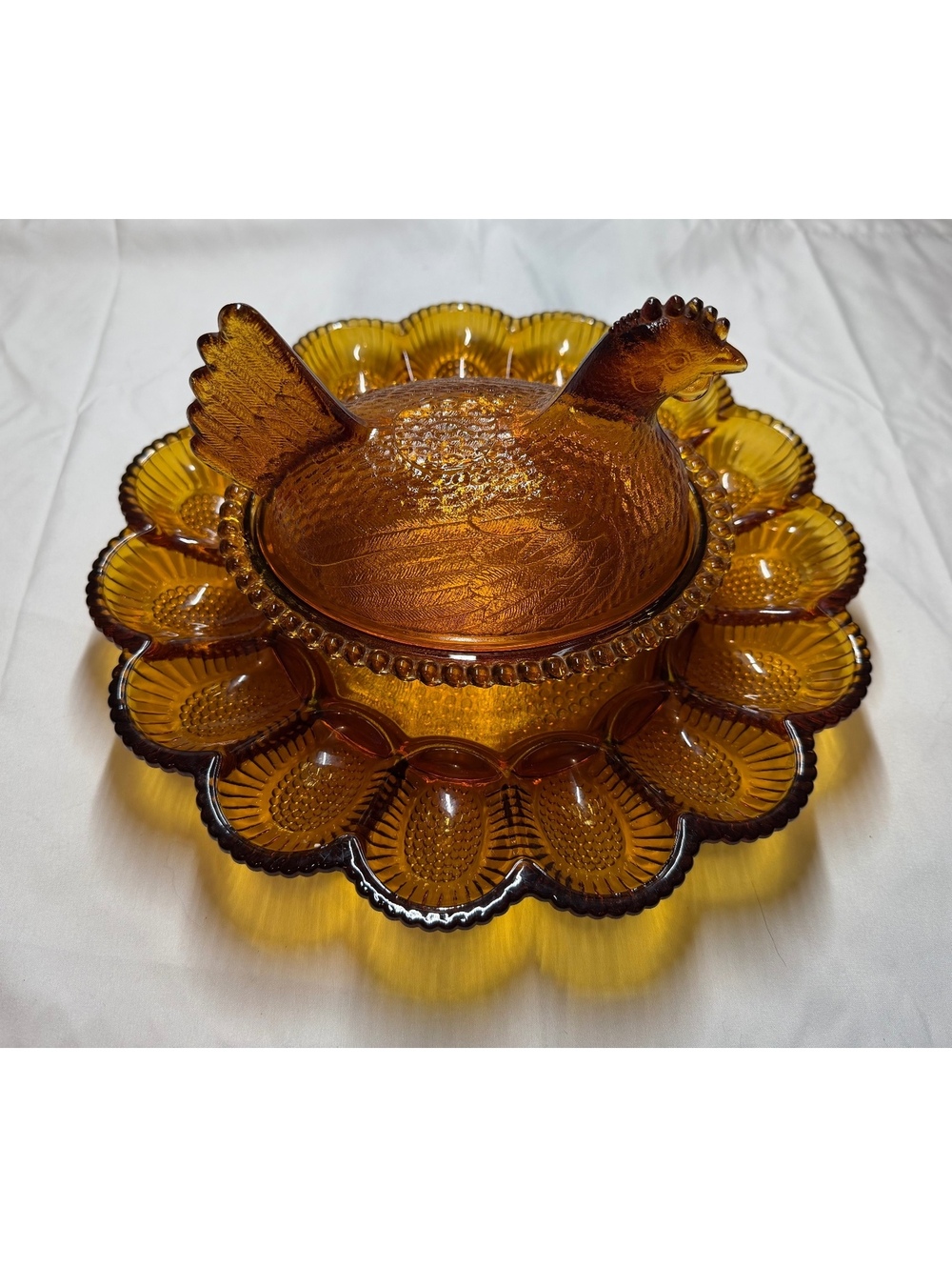 Vintage Indiana Glass Amber Hen On Nest Covered Dish & Amber Hobnail Egg Plate